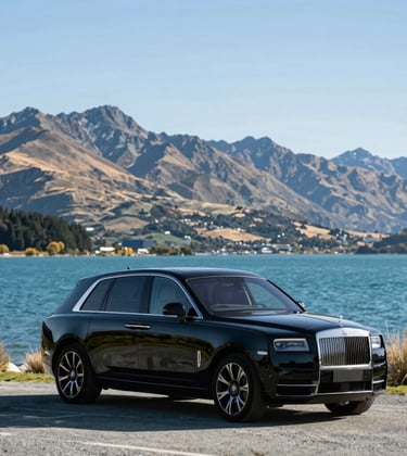 A professional photography shot of a sleek black luxury transport vehicle parked near the turquoise waters of Lake Tekapo, Oceania / New Zealand. The composition is balanced and elegant, featuring a soft-focus background of the surrounding mountains under a clear light blue sky.