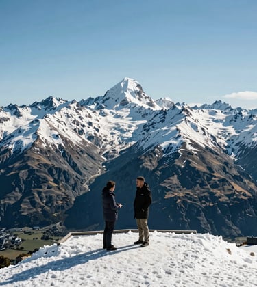 A stunning wide-angle shot of the snow-covered peaks of the Southern Alps from a scenic lookout point, Oceania / New Zealand. The lighting is bright and clear, capturing the understated luxury and professional service vibe of a high-end travel experience.