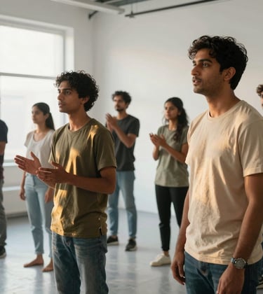 A diverse group of aspiring South Asian / Indian performers in a bright, modern studio space, practicing dialogue. Natural, premium photography with soft metallic gold highlights.
