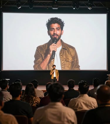 An influencer hosting a digital premiere on a large screen in a localized 'Tent Cinema' setting within a South Asian / Indian village. Crowds are engaged and illuminated by the screen's white and gold glow.