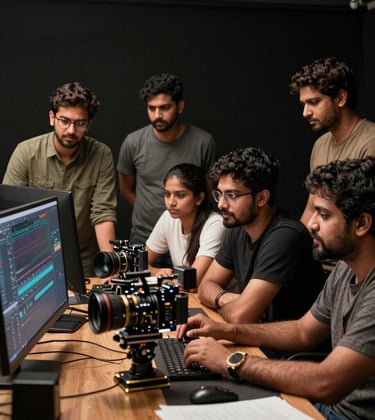 A group of aspiring South Asian filmmakers in a cinematic workshop environment. They are gathered around a professional editing suite with metallic gold lighting illuminating their focused faces against a pitch black studio background.