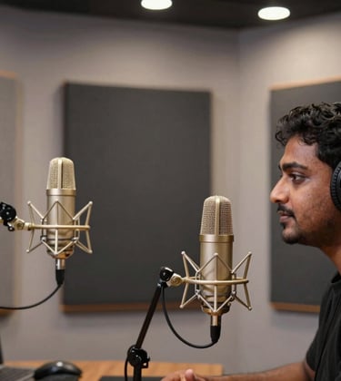 A luxury podcast studio interior in a professional South Asian media hub. The room features dark slate grey soundproofing panels, elegant metallic gold microphones, and soft white ambient lighting. A professional South Asian creator is visible in a cinematic profile view.