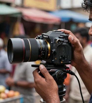 A close-up of a filmmaker operating a handheld camera in a vibrant South Asian / Indian urban market, following the Dogma 95 style. Natural lighting, deep charcoal tones with metallic gold reflections on the camera gear.