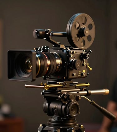 A cinematic close-up of a high-end film camera on a gimbal, moving through a stylized South Asian film set. The lighting is dramatic with deep charcoal shadows and metallic gold accents on the equipment, reflecting a premium cinematic movement.