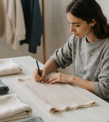 Behind-the-scenes shot of the agency team planning content around a matte forest green table, laptops open and coffee cups steaming.
