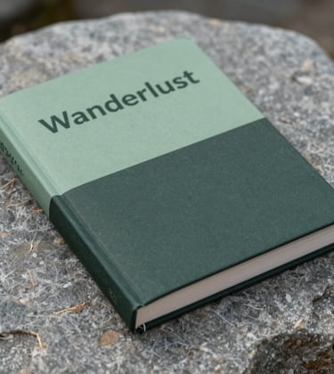 A close-up shot of a minimalist travel book cover titled 'Wanderlust' resting on a smooth grey stone. The lighting is soft and natural. Colors include dusty leaf green and dark charcoal green accents.