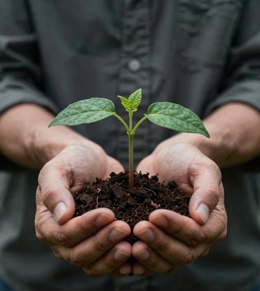 A close-up shot of a small plant sapling growing out of rich dark soil, held by caring hands. This represents the sustainability and growth mission of the brand. Muted forest green and dark slate grey palette.