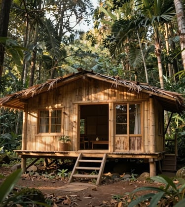 A serene sustainable tourism lodge built from bamboo and reclaimed wood, integrated perfectly into a deep forest sage environment. Soft natural afternoon lighting.