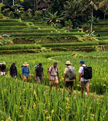 A group of professional adventurers trekking through a vibrant green rice terrace in Bali. The lighting is natural and warm, showcasing high-quality sustainable tourism. Sage green and muted forest green tones.