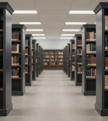 A wide shot of a sterile, modern library or legal archive. Symmetrical rows of dark wood and stone (#0F1D2C). The lighting is soft and focused, creating a sense of history meeting modern performance. High trust aesthetic.