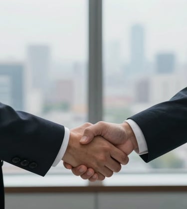 A conceptual photo of a clean, minimalist handshake between two professionals in front of a window overlooking a cityscape. The lighting is crisp, and the composition focuses on the gesture of agreement and trust. Professional, high-integrity style.