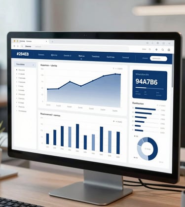 A detailed close-up of an analytical dashboard on a high-resolution screen in a modern office. The graphics are clean and data-driven, using a palette of #2B4E6B and #94A7B7. The setting is a professional environment, emphasizing precision and analytical depth.