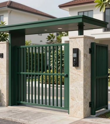 A sleek and modern 24-hour security gatehouse in a premium housing complex. Minimalist design using natural stone and dark green metal, located in a bright Southeast Asian / Indonesian neighborhood.