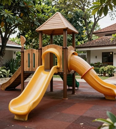 A premium children's playground with wooden structures and safe rubber flooring, surrounded by lush green trees and a warm atmosphere in an Indonesian family residential area.