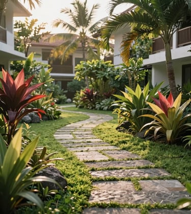 A beautiful tropical garden landscape within a residential area, featuring neatly trimmed grass, exotic plants, and a stone walkway. Soft, warm morning sunlight in a Southeast Asian / Indonesian setting.