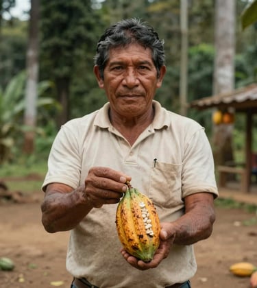 A South American / Colombian farmer proudly showing a sustainable cocoa harvest, symbolizing the transition to legal economies in the Catatumbo region. Warm natural lighting with Earthy Sand and Dark Forest Green accents.