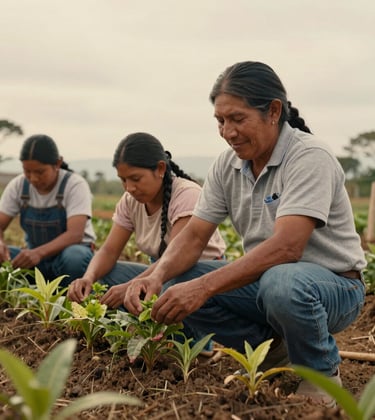South American / Colombian indigenous farmers and community members working together in a sustainable agroforestry plot. The mood is hopeful, professional, and culturally respectful, highlighted by warm sand lighting.