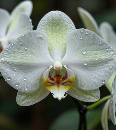 An exquisite macro photograph of a rare orchid native to the Catatumbo region, South American / Colombian environment, with dew drops reflecting the Dark Forest Green and Pale Mist brand colors.