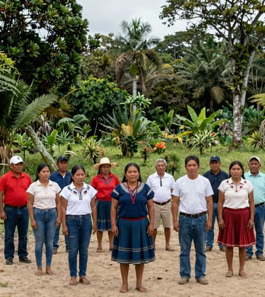 A group of individuals from the Pueblo Barí community participating in a peaceful assembly outdoors, surrounded by lush vegetation in a South American / Colombian setting. The atmosphere is professional and respectful, featuring Earthy Sand and Sage Green tones in the environment.