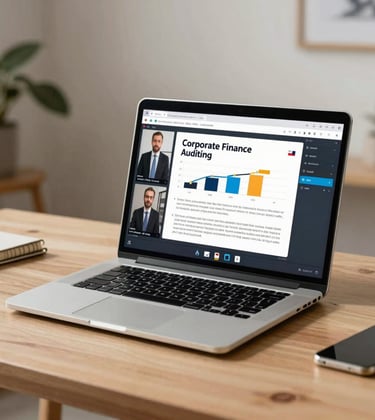 A sleek laptop showing a professional video lecture on corporate finance and auditing on screen. A clean, modern home office setting in France with warm lighting, professional atmosphere, aesthetic design.