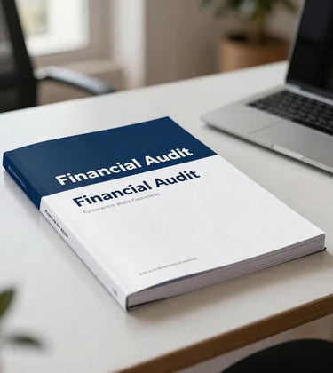 A high-quality educational mockup of a financial audit PDF guide lying on an elegant desk in a Parisian office. Soft daylight, clean corporate aesthetic, modern professional look, with subtle touches of deep blue and white.