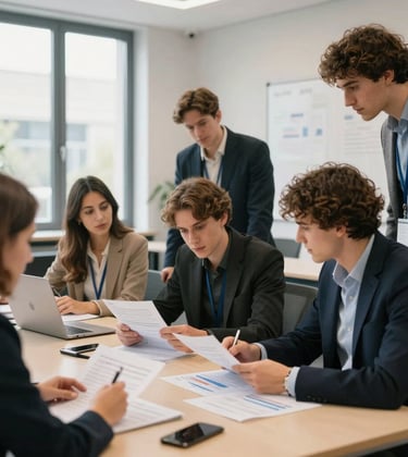 A modern collaborative study room in an elite business school in France. Young professionals analyzing financial reports together, bright natural light, professional academic atmosphere.