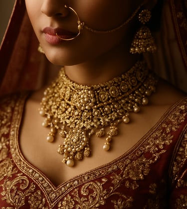 A sophisticated close-up photograph of a South Asian bride's intricate traditional jewelry and attire. The lighting is soft and artistic, highlighting the textures and high-quality craftsmanship in a premium photography style.