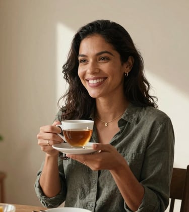 A South American / Brazilian woman smiling warmly while holding a cup of tea in a sunlit room with light beige walls. The scene conveys a sense of invitation and emotional connection. Minimalist decor.