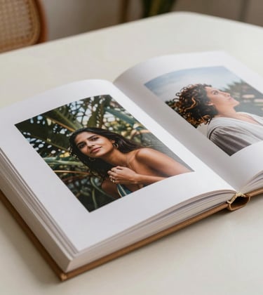 An elegant, minimalist still life of printed photographs and a linen-covered photo album on a soft off-white surface. Natural warm lighting highlighting textures, in a South American / Brazilian home studio atmosphere.