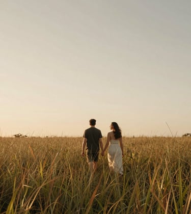 A South American / Brazilian couple walking through a field of tall grass during sunset. The lighting is soft and warm neutral sand, with a sensitive and inviting mood. Minimalist framing.