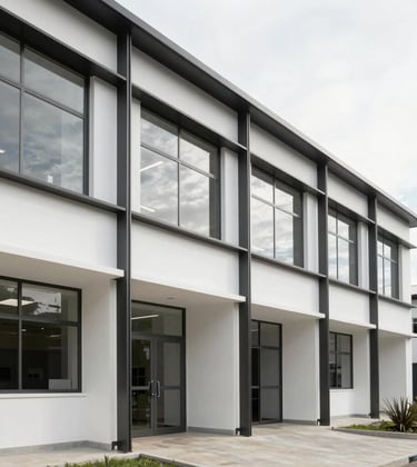Clean, minimalist architectural photography of a modern medical center exterior in South America, soft daylight, white walls and dark steel frames, high-end professional aesthetic.