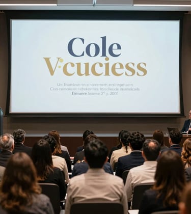 An over-the-shoulder shot looking at a large, engaged audience in a modern Ecuadorian conference hall. On the screen, a presentation with elegant navy blue and gold typography is visible. The composition emphasizes authority, success, and large-scale social impact.