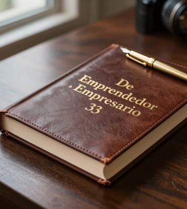 A detailed close-up of a premium leather-bound book titled 'De Emprendedor a Empresario' resting on a dark wooden desk next to a gold fountain pen. Soft lighting from a window highlights the texture, creating a sophisticated South American executive office atmosphere.