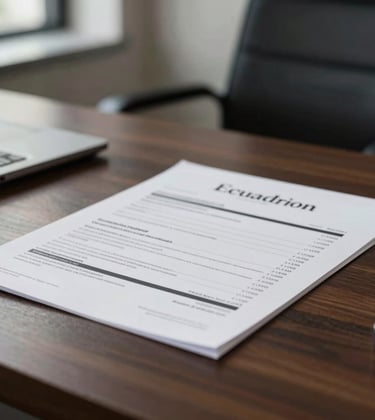 Close-up of a high-end investment portfolio on a dark wood desk, minimalist composition, soft focus on the background showing a high-end Ecuadorian office setting.