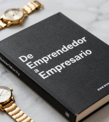 Minimalist close-up of a high-end book cover titled 'De Emprendedor a Empresario', resting on a marble surface next to a gold watch, representing success and literature.