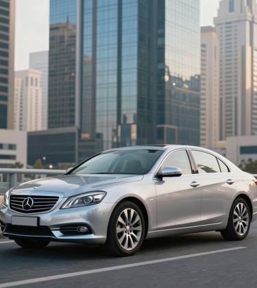 An executive silver sedan parked in front of a modern glass skyscraper in Dubai's financial district. The lighting is clean and professional, with high-contrast reflections of #B8CEDE and #4A6F8A on the car's body.