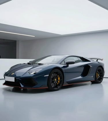 A high-performance exotic car in a minimalist modern showroom, sophisticated lighting emphasizing power and luxury, with a color palette focus on #0A1128 and #B8CEDE.