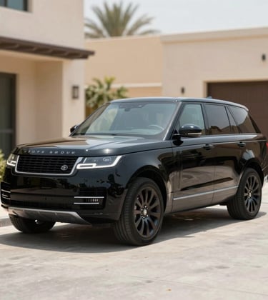 A premium black SUV parked in a luxury residential driveway in Dubai, reflecting the bright desert sun. The composition is a sharp 3/4 front view, incorporating the sleek #0A1128 and #4A6F8A tones in the vehicle's paint and surroundings.