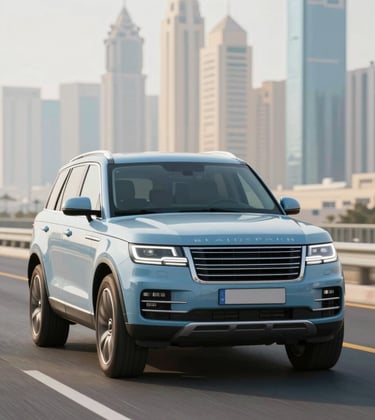 A front-angle shot of a premium SUV on a clean Dubai highway, morning light, high-end automotive commercial style, incorporating #F5F8FA and #4A6F8A.