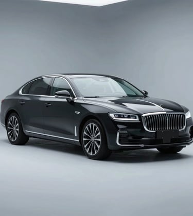 A sleek black executive sedan in a professional studio setting, high-contrast lighting highlighting the elegant roofline and chrome details, incorporating #4A6F8A and #B8CEDE reflections.