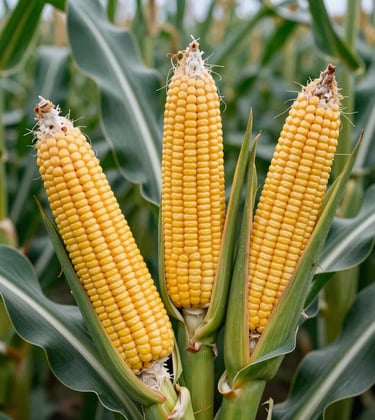 Close-up of healthy corn ears in a vibrant green field, sharp focus, natural daylight, representing high-yield South American agricultural commodities.