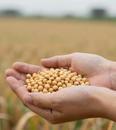 Close-up of premium soybean seeds being held by a professional in a field, clean hands, soft focus background of a farm, South American context.
