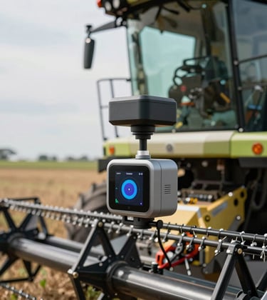 Close-up photography of modern agricultural technology in a South American field. A high-tech sensor drone or GPS unit mounted on a modern harvester, symbolizing precision and capital markets technology applied to the agro sector. Sharp focus, daylight, clean aesthetic.