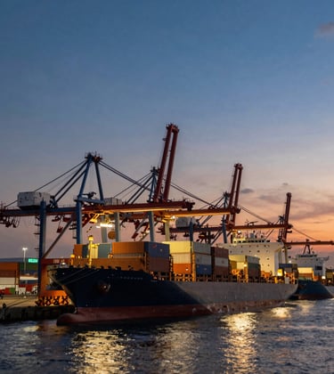 Wide shot of a modern Brazilian shipping port at dusk, specifically grain terminals. Large cargo ships are docked, with massive cranes and infrastructure visible against a deep blue and orange sky. Represents export strength and global commodities flow.