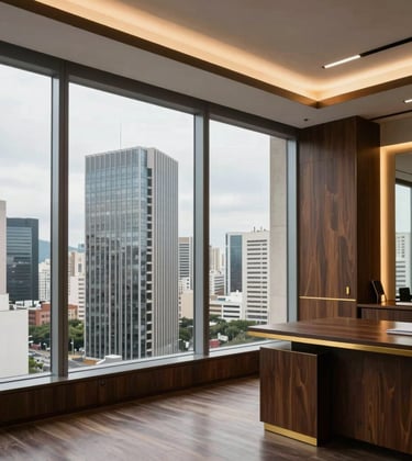 Luxury office interior in a skyscraper in São Paulo, Brazil. View through the window showing the city skyline. The interior is modern and sophisticated, with dark wood, gold accents, and a clean institutional feel. Photography, professional lighting.