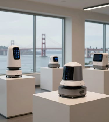 A high-end tech showroom in San Francisco with views of the bay through large windows. Advanced home automation robots are showcased on minimalist off-white pedestals. The lighting is crisp and natural, highlighting the clean lines and professional design of the robotics. North American / US setting.