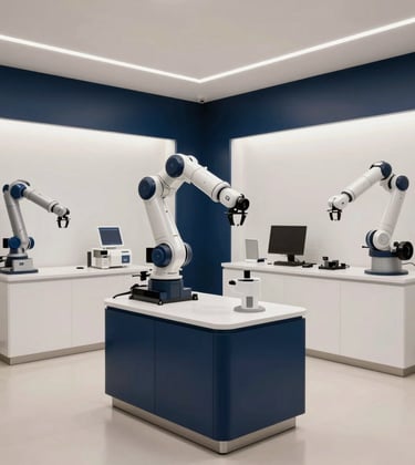 A sophisticated corporate showroom in New York City. The space features industrial and medical robotics on display, accented by navy blue and off-white design elements. The photography is sharp and authoritative, capturing a professional North American business environment.