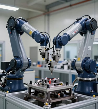 A high-precision industrial robotic arm performing complex assembly in a clean, navy blue and grey themed manufacturing facility in the US.