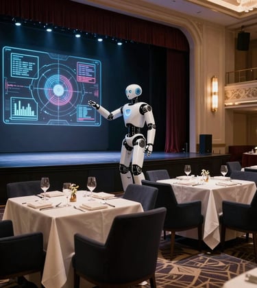 An elegant dinner theatre interior in Las Vegas. The scene shows a grand stage where a sleek, white humanoid robot is interacting with holographic displays. The seating area is sophisticated with dark navy upholstery and off-white tablecloths. Professional North American / US photography style.