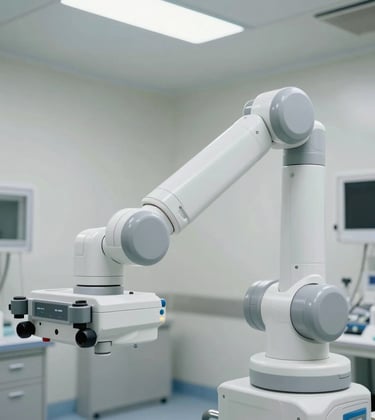 A state-of-the-art medical robotics console in a bright, professional North American surgery suite. The design is ergonomic and clean.